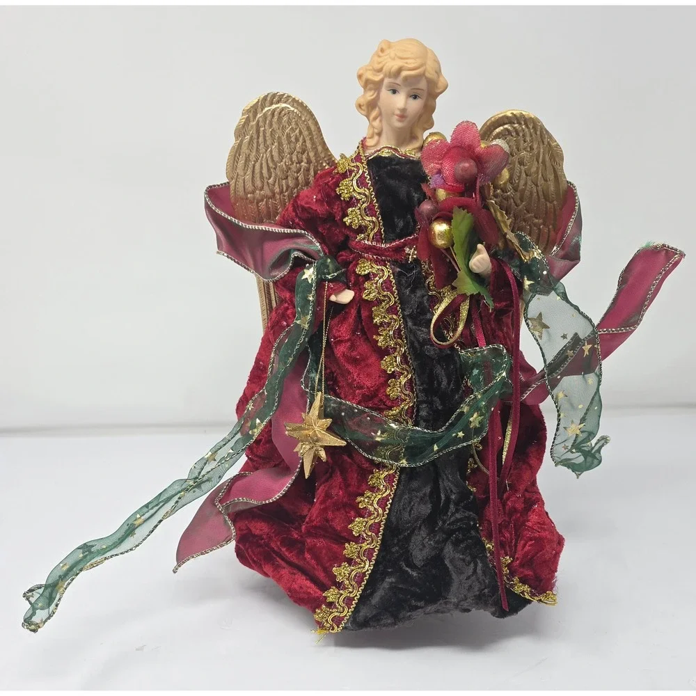 Elegant Christmas Angel Tree Topper Red Velvet Gold‎ Wings